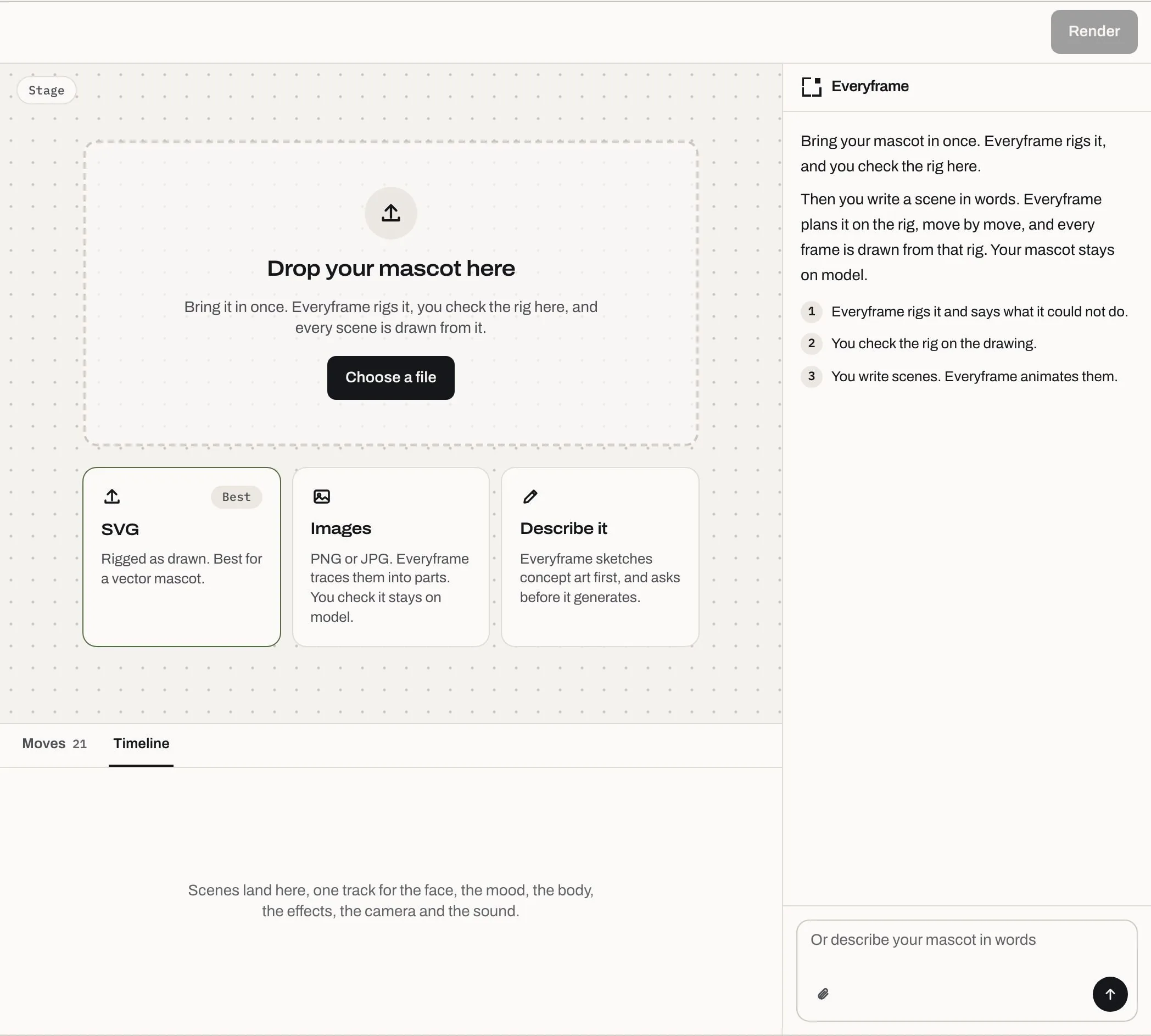 Bringing a character in, as designed: the stage is the drop zone, with SVG, Images and Describe it under it, and Everyframe explaining the three steps