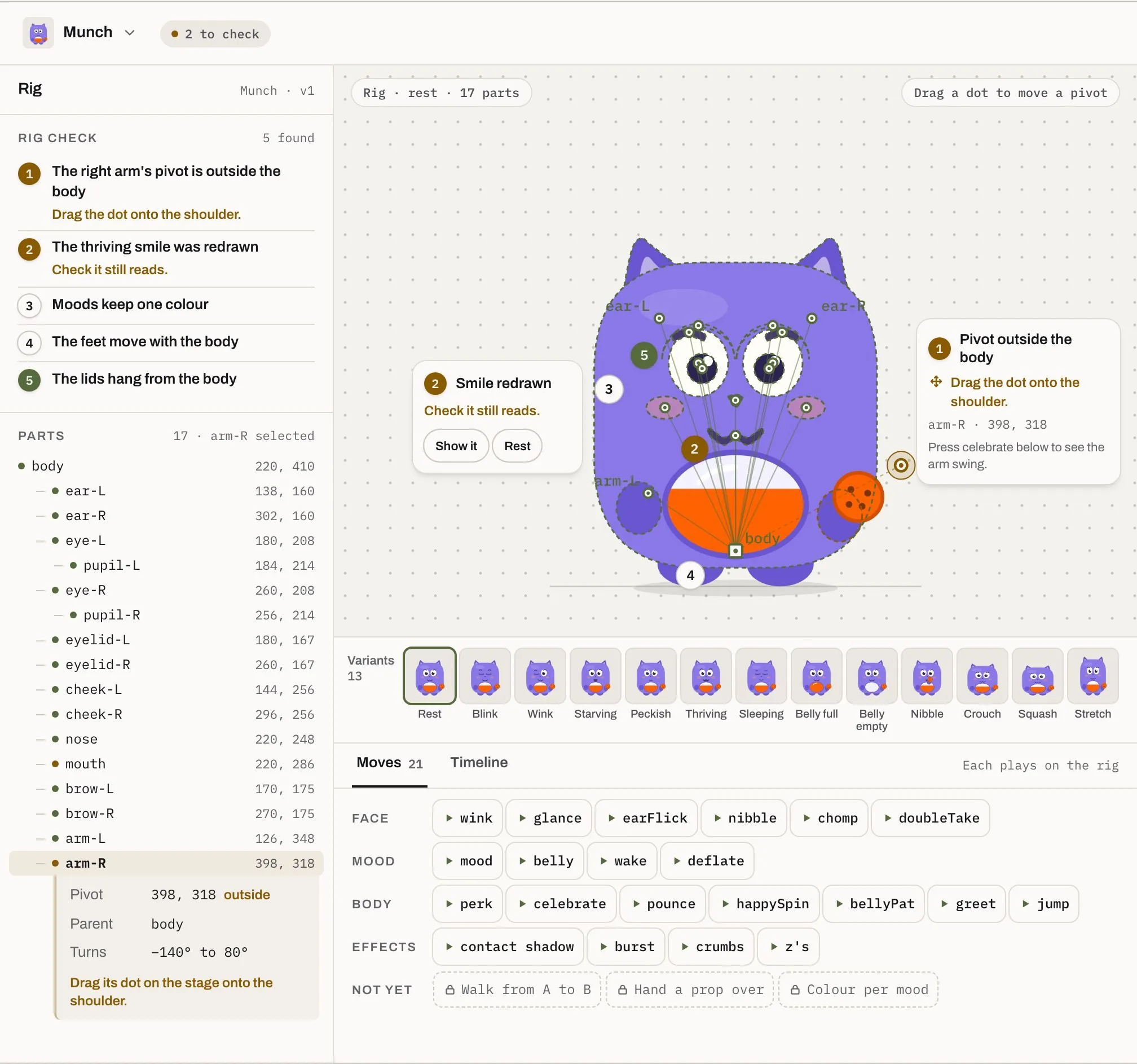 The rig with its findings, as designed: Munch on the stage with two amber pins, the rig check and his 17 parts on the left, his 13 variants and his moves under him
