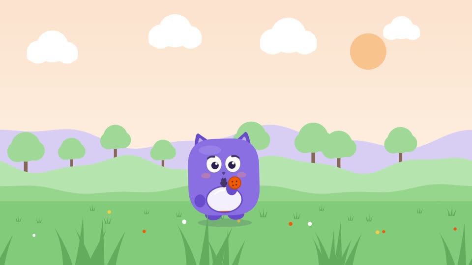 Cookie meadow: Munch wakes up hungry, eats the cookie in his paw and celebrates