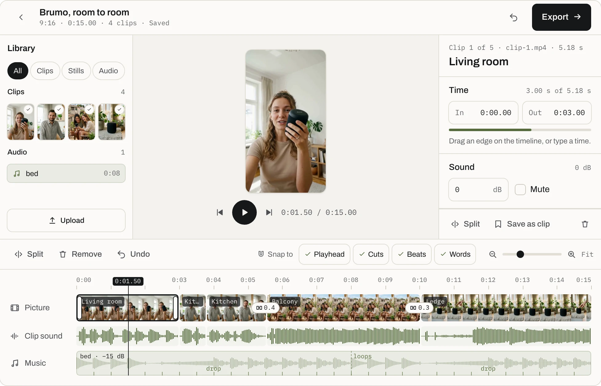 Cut’s editor on the sample edit, Brumo, room to room: the Library’s four clips and its one sound, the Living room clip in the picture with its Time and Sound beside it, and the Picture, Clip sound and Music tracks under it