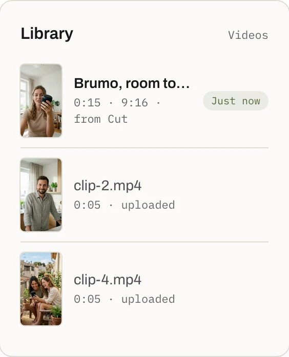 The Library after the render: Brumo, room to room at the top, from Cut, just now, over two uploaded clips