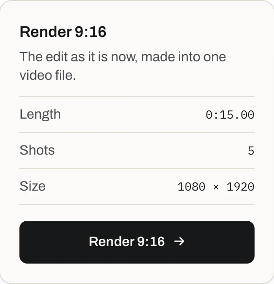 Cut’s Render 9:16 for the sample edit: 0:15.00 long, 5 shots, 1080 × 1920