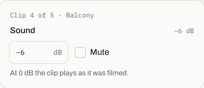 The Balcony clip’s Sound: its level at −6 dB, and Mute not ticked
