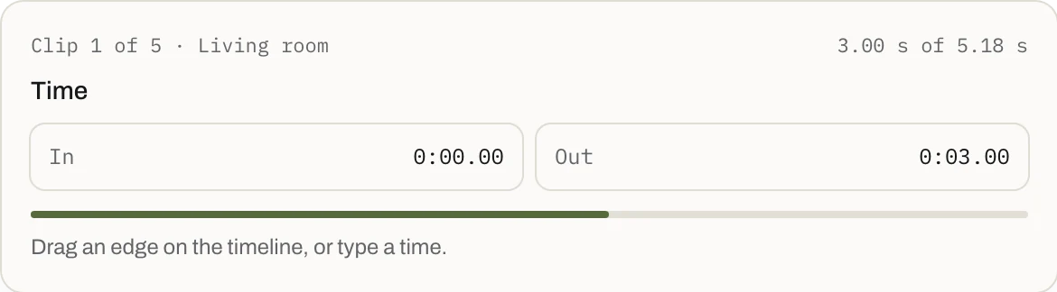 The Living room clip’s Time in Cut: In at 0:00.00 and Out at 0:03.00, 3.00 s kept of 5.18 s